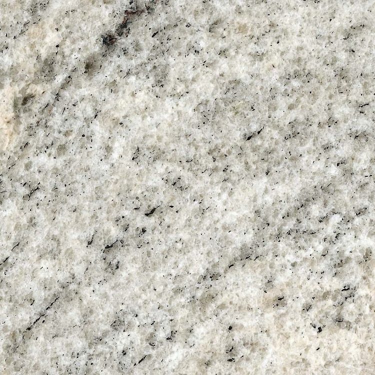Grau-weißer Granit mit feiner, gleichmäßiger Maserung und dunkleren Einschlüssen.