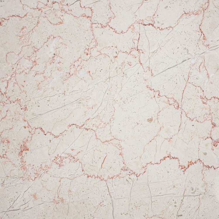 Alpinina - fortuna Natursteinhandel Heller Marmor mit feinen roten Aderungen und unregelmäßiger Struktur.