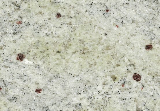 Helle, strukturierte Oberfläche mit kleinen roten Punkten auf grauem Grund.