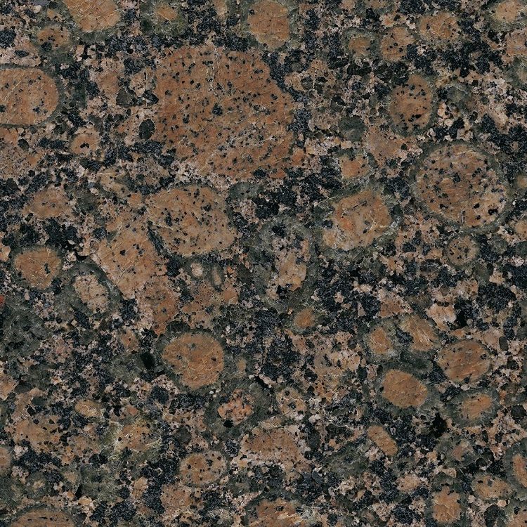 Muster aus rötlichem Granit mit dunklen und hellen kreisförmigen Flecken.