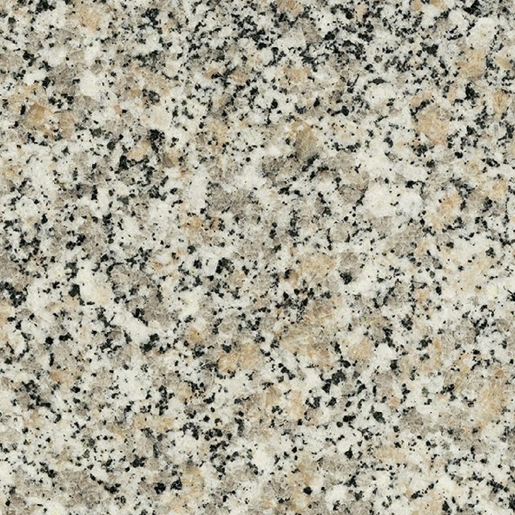 Grau-weißer Granit mit schwarzen und braunen Einsprengseln.