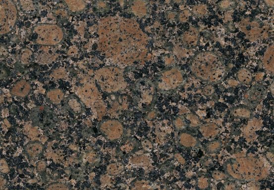 Marmor mit rötlichen und schwarzen Farbtönen und kreisförmigen Musterungen.