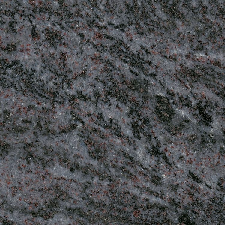 Grau-schwarzer Granit mit roten Einsprenklungen und einer strukturierten Oberfläche.