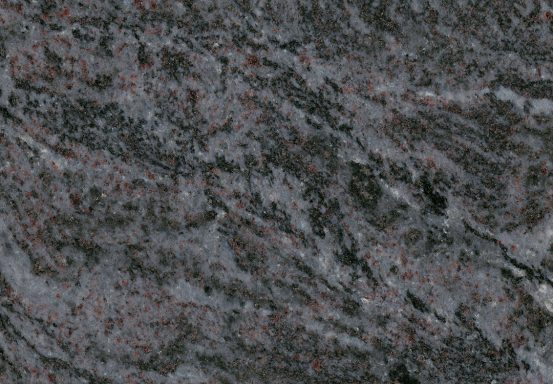 Dunkler, marmorierter Stein mit weißen und roten Aderungen.